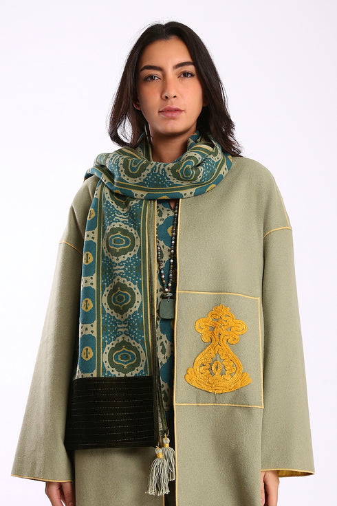 Shawl in printed faux cashmere cotton blend with tassels